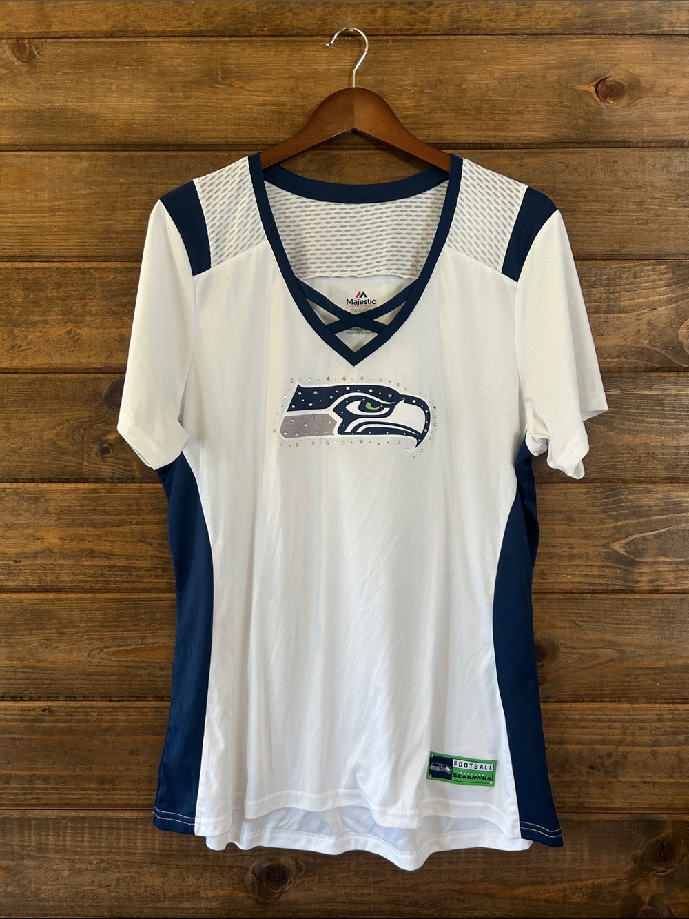 Majestic White and Navy Seattle Seahawks V-Neck Women's Tee